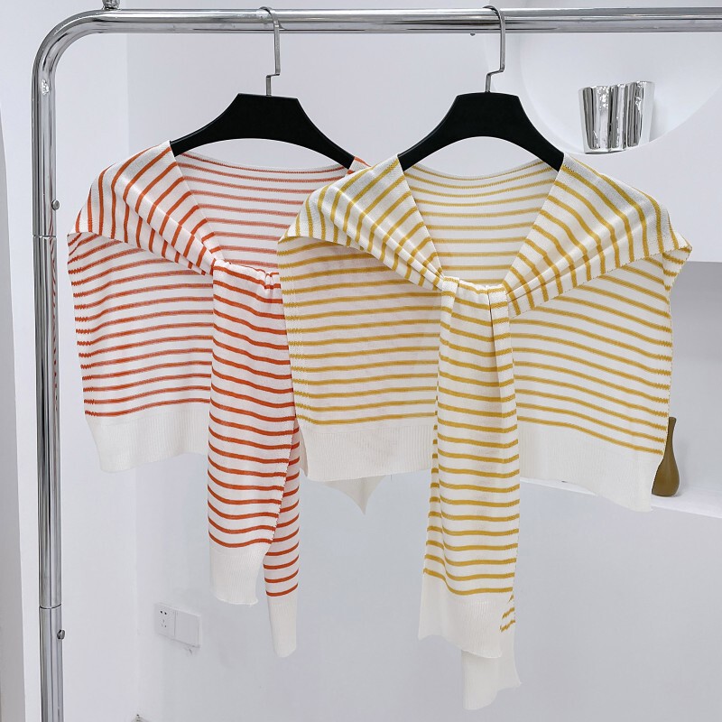 Ice Silk Striped Thin Knitted Shawl for Women Korean Fashion Versatile Cape Wool Shoulder Wrap Neck Protector Shoulder Wrap