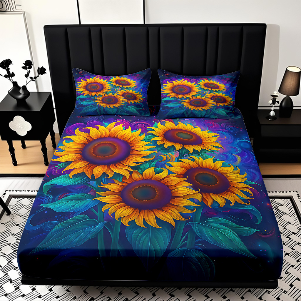 Comercio exterior transfronterizo textil doméstico patrón de girasol impresión digital 3D cama de molienda de tres piezas JIT modelo Temu