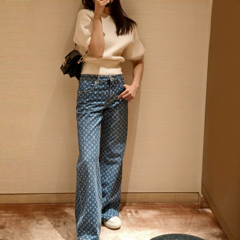 Nanyou high-end L-brand ultra-heavy-duty versatile washed blue all-over printed cotton vintage jeans, all-season straight-leg pants Nanyou high-end L-brand ultra-heavy-duty versatile washed blue all-over printed cotton vintage jeans, all-season straight-leg pants
