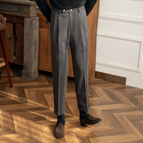 Autumn and winter high-waisted woolen casual pants for men's warm straight and draping gentleman's pure color all-match suit pants