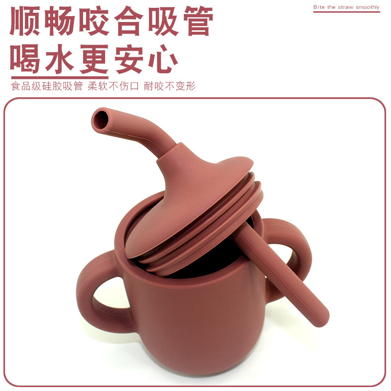 Taza de agua de silicona para niños, taza para aprender a beber, taza de agua con mango doble, taza de paja a prueba de caídas y fugas para bebés, taza de agua con dos orejas para beber directamente