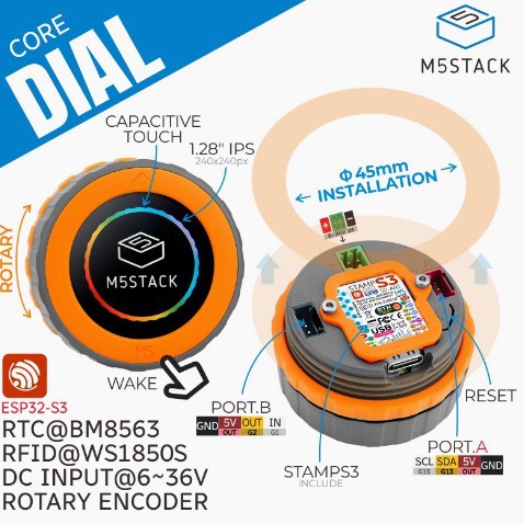 M5Stack M5Dial贯穿式旋钮可编程控制器1.28"圆形触屏ESP32S3