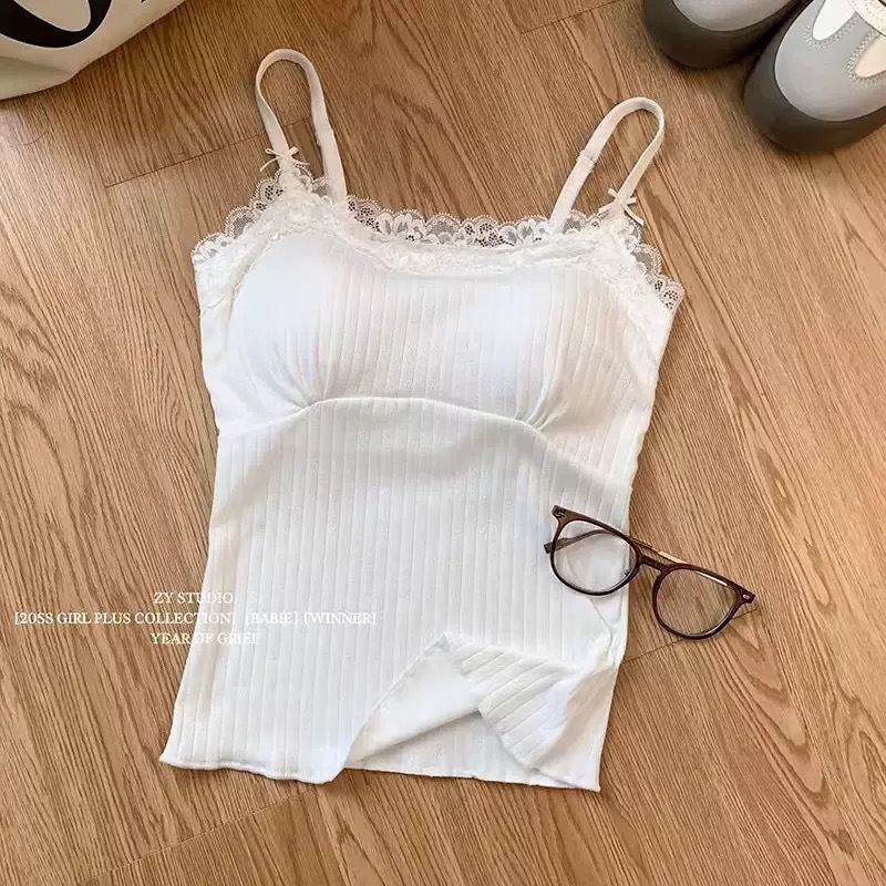 Chaleco de camisola de estilo puro con costuras de encaje, sexy por fuera, único y hermoso por dentro, con almohadilla para el pecho, hermoso top trasero image 7