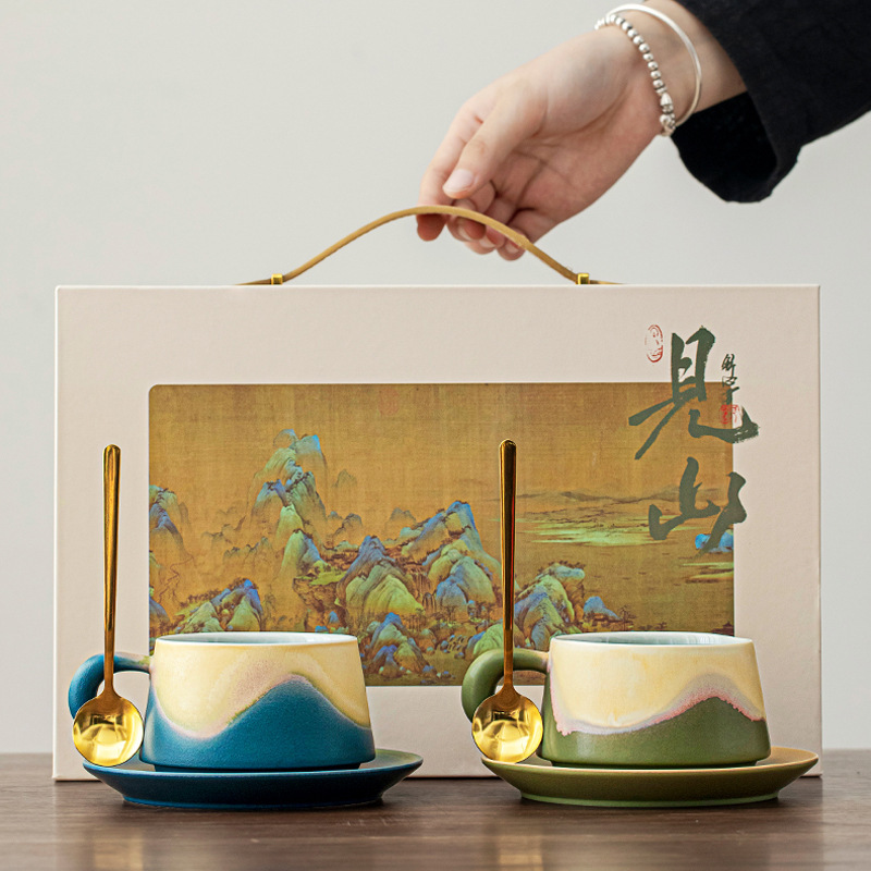 Mountain and Sea Blue Coffee Cup Set with Niche Design, Handmade High-End and Exquisite Gift Box for Couples to Give to Besties and Friends