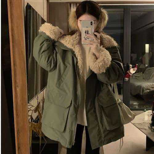 European-style Zhao Lu Si parka jacket for women, mid-length, lamb wool lined, thickened, with patchwork cotton padding European-style Zhao Lu Si parka jacket for women, mid-length, lamb wool lined, thickened, with patchwork cotton padding