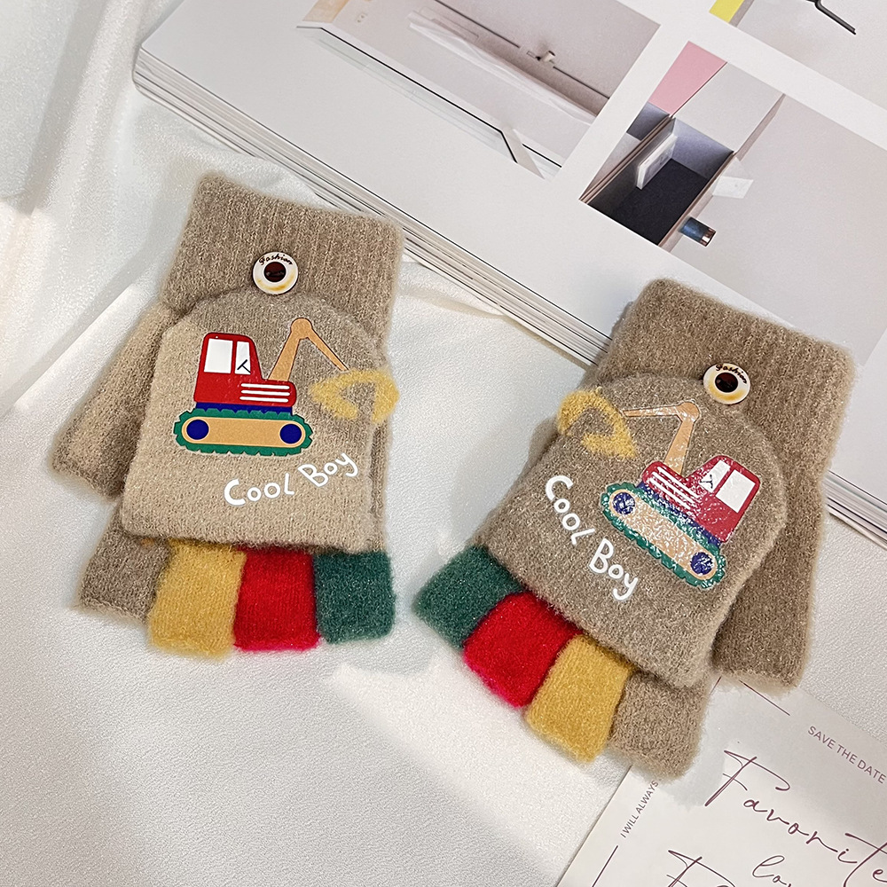 Otoño y invierno niños excavadora impresa dibujos animados adorables medio dedo flip escritura guantes de lana guantes calientes