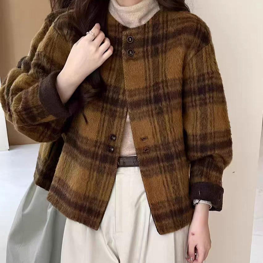 Korean Plaid Round Neck Double-Sided Cashmere Outwear Women's Short 25 Autumn and Winter Loose Cocoon-Shaped Woolen Outwear for Small People