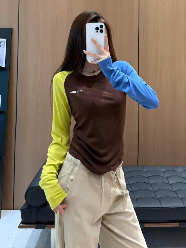 羊毛圆领上衣多巴胺拼接撞色t恤南油女正肩气质显身材长袖打底衫|undefined