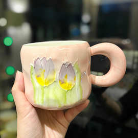 女生高颜值陶瓷手绘郁金香花朵马克杯家用喝水情侣款办公室咖啡杯