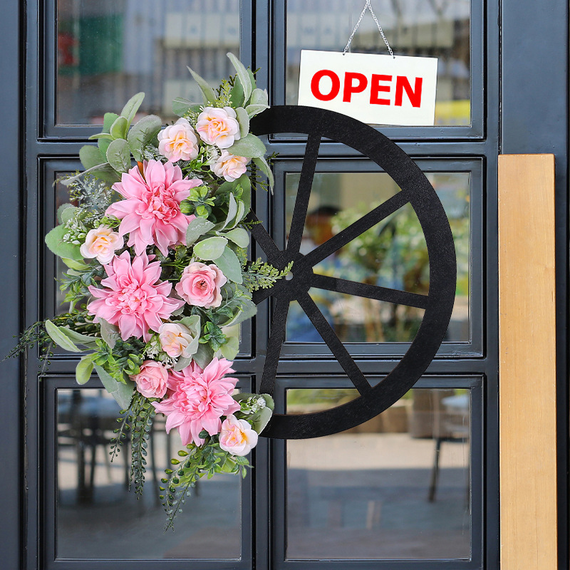 Spring 2024 Wheel Flower Ring Pink Flower Circle Green Plant Outdoor Courtyard Door Hanging Ornament