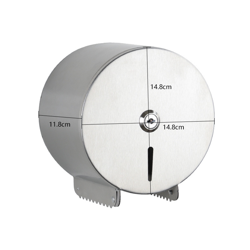 Dispensador de papel higiénico de acero inoxidable 304, tipo rollo grande, ideal para hoteles, baños públicos y restaurantes.