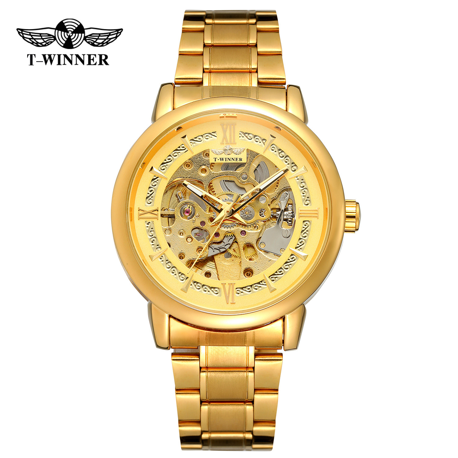T-ganador nuevo estilo europeo y americano de moda de los hombres reloj mecánico automático reloj hueco-fuera transparente Fondo tallado literal