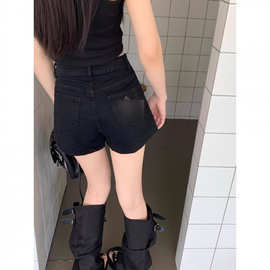 美式辣妹刺绣黑色牛仔短裤女春夏新款大码胖MM显瘦a字包臀短热裤
