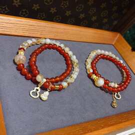 新款设计 天然黄塔晶圆珠搭配红玛瑙 两圈手链女孩饰品女士