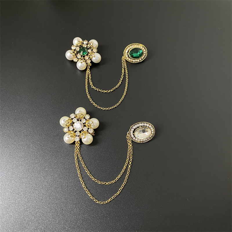 Japanese and Korean trendy chain drill chain pearl brooch spring sweater light button brooch pin scarf shawl button for women