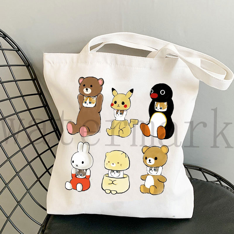 Japón lindo gato Kawaii gato impresión bolsa de lona Harajuku bolsa de hombro bolsa de moda estudiante bolsa de compras de mano