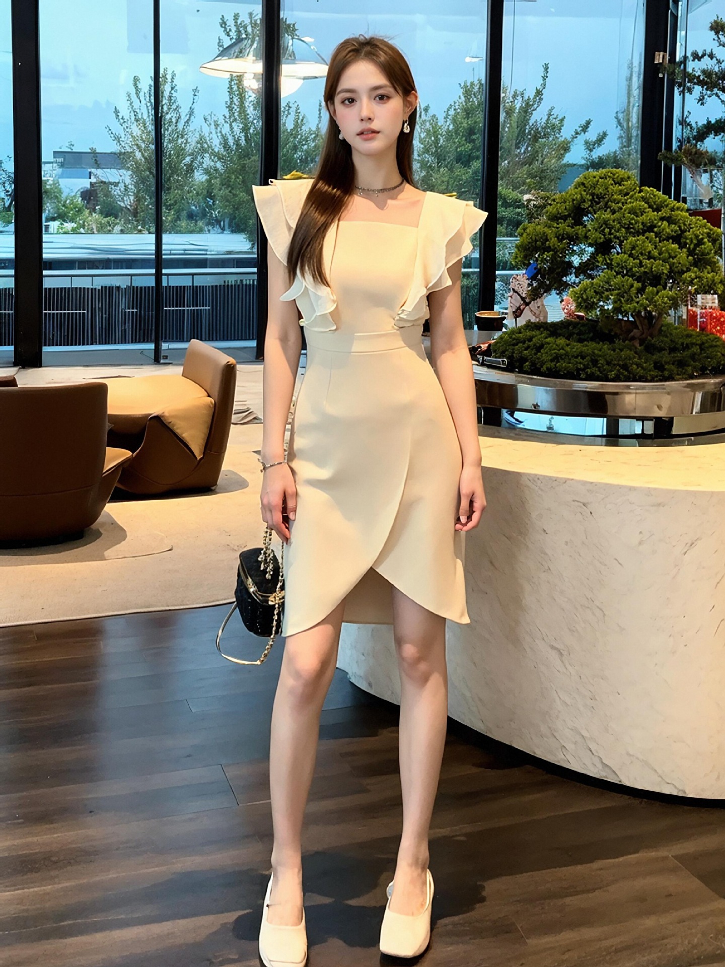 Váy mini nữ thắt eo kiểu Pháp không đối xứng — Màu mơ