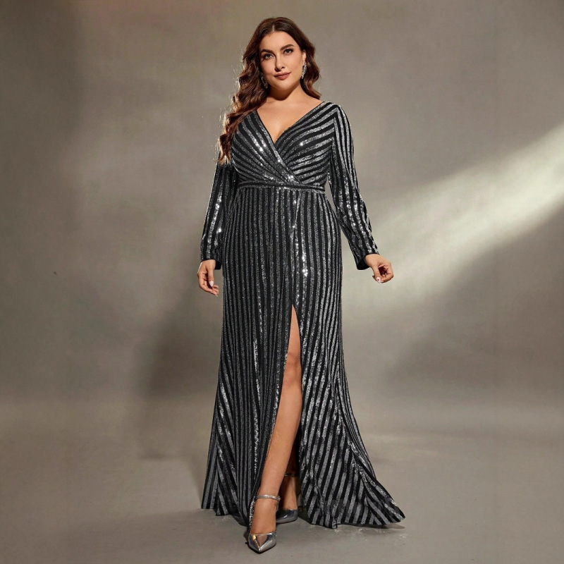 Aliexpress New V-Neck Evening Dress Plus Size Long Striped Sequin Dress Prom Birthday Slit Adult Dress