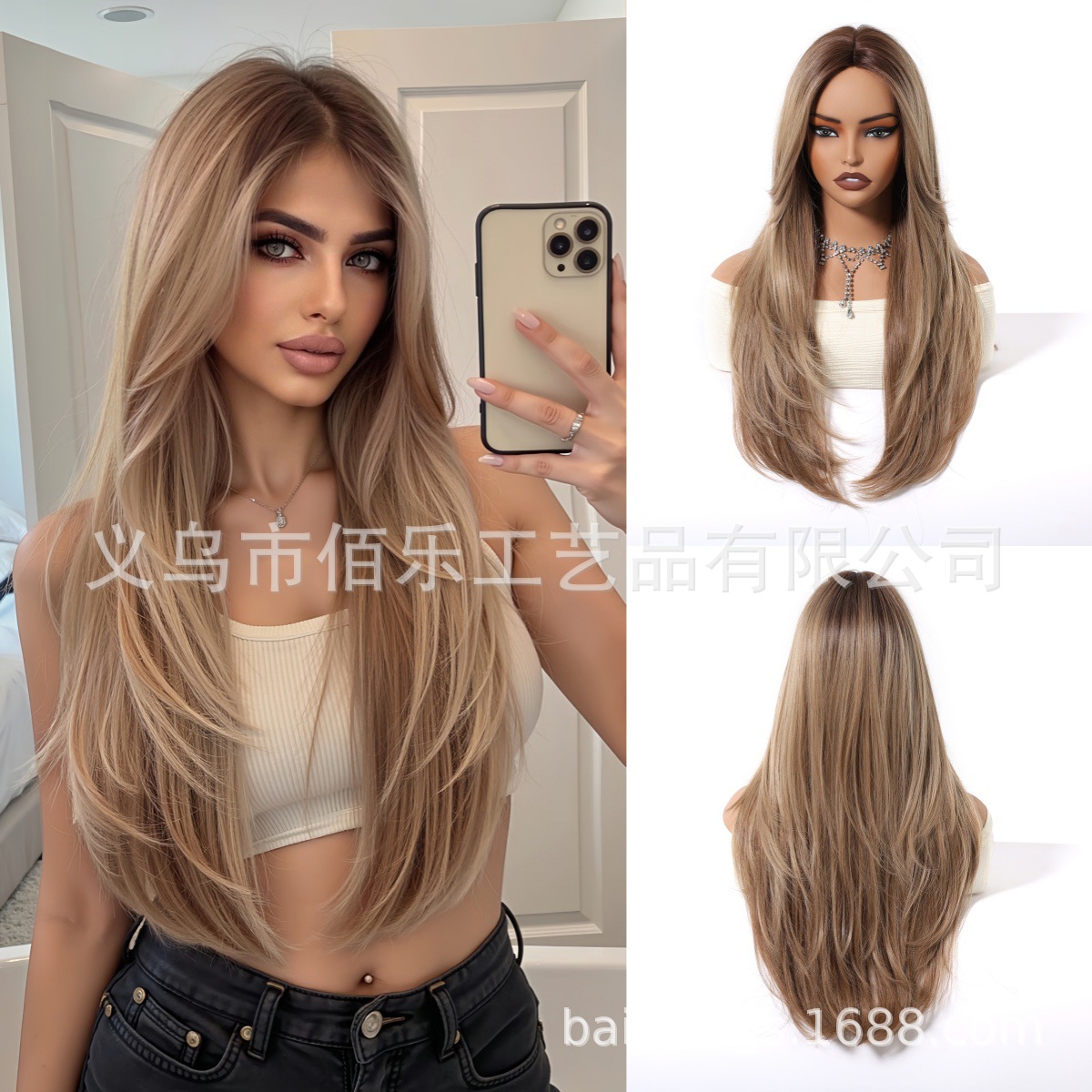 Peluca nueva de color marrón claro, corte medio, capa natural, cabello largo y rizado, casco completo, fibra química europea y americana, moda femenina