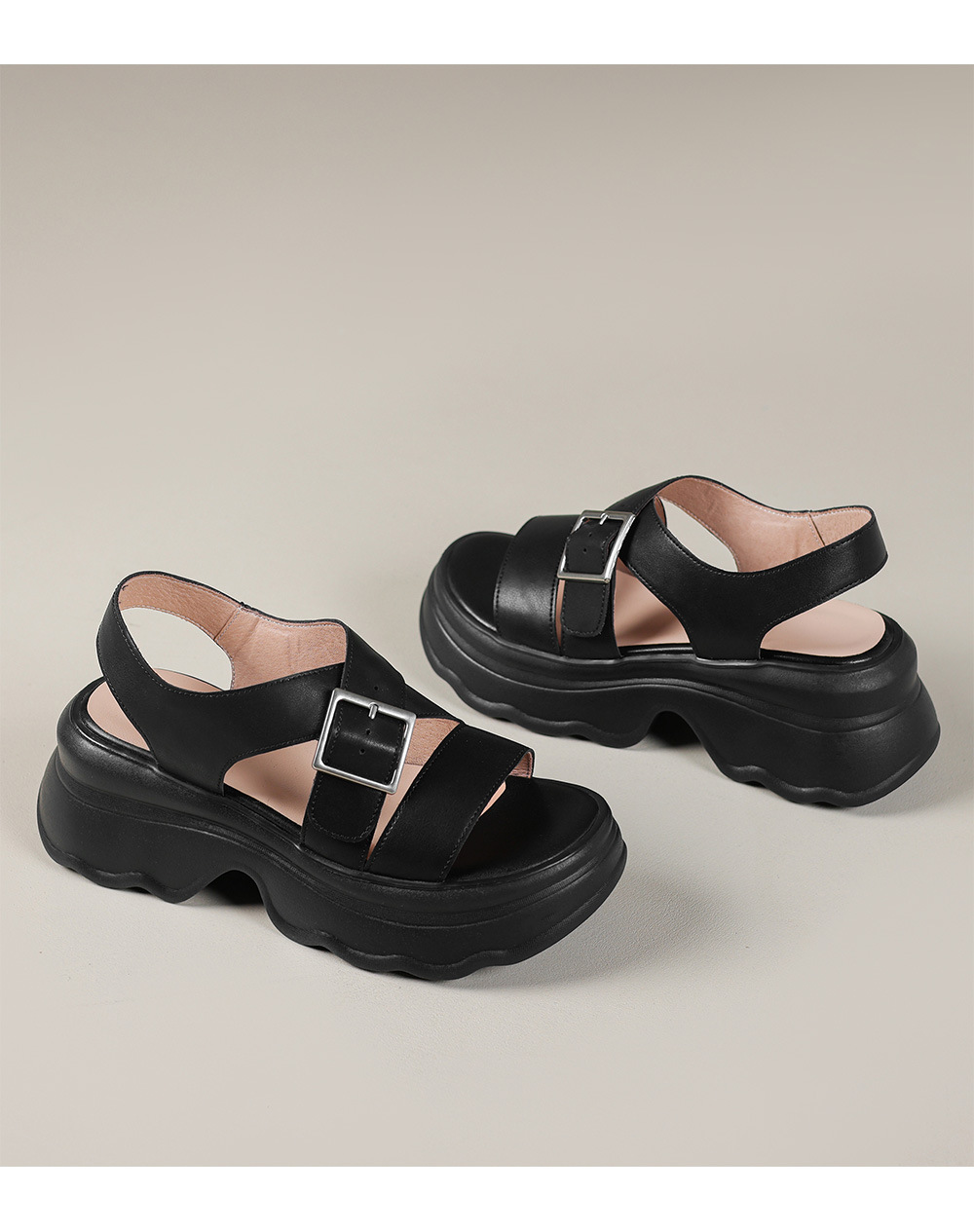 Sandal nữ đế dày quai chéo khóa thắt lưng, hở ngón phong cách La Mã, gót cao 7 cm — Màu đen chi tiết 16