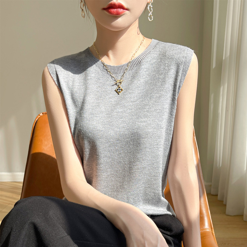 2024 summer new round neck worsted wool first-line garment sweater women's sleeveless vest temperament base shirt