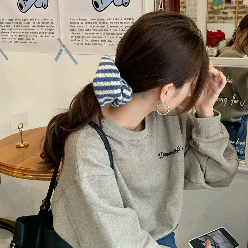 红色毛线条纹大肠发圈头绳女2025新款高端扎丸子头发绳低马尾发饰|undefined