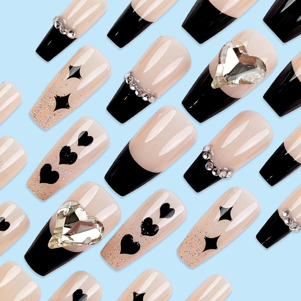 Moda con diamantes para usar uñas de ballet dulce y misterioso amor negro francés 24 piezas de parche de uñas