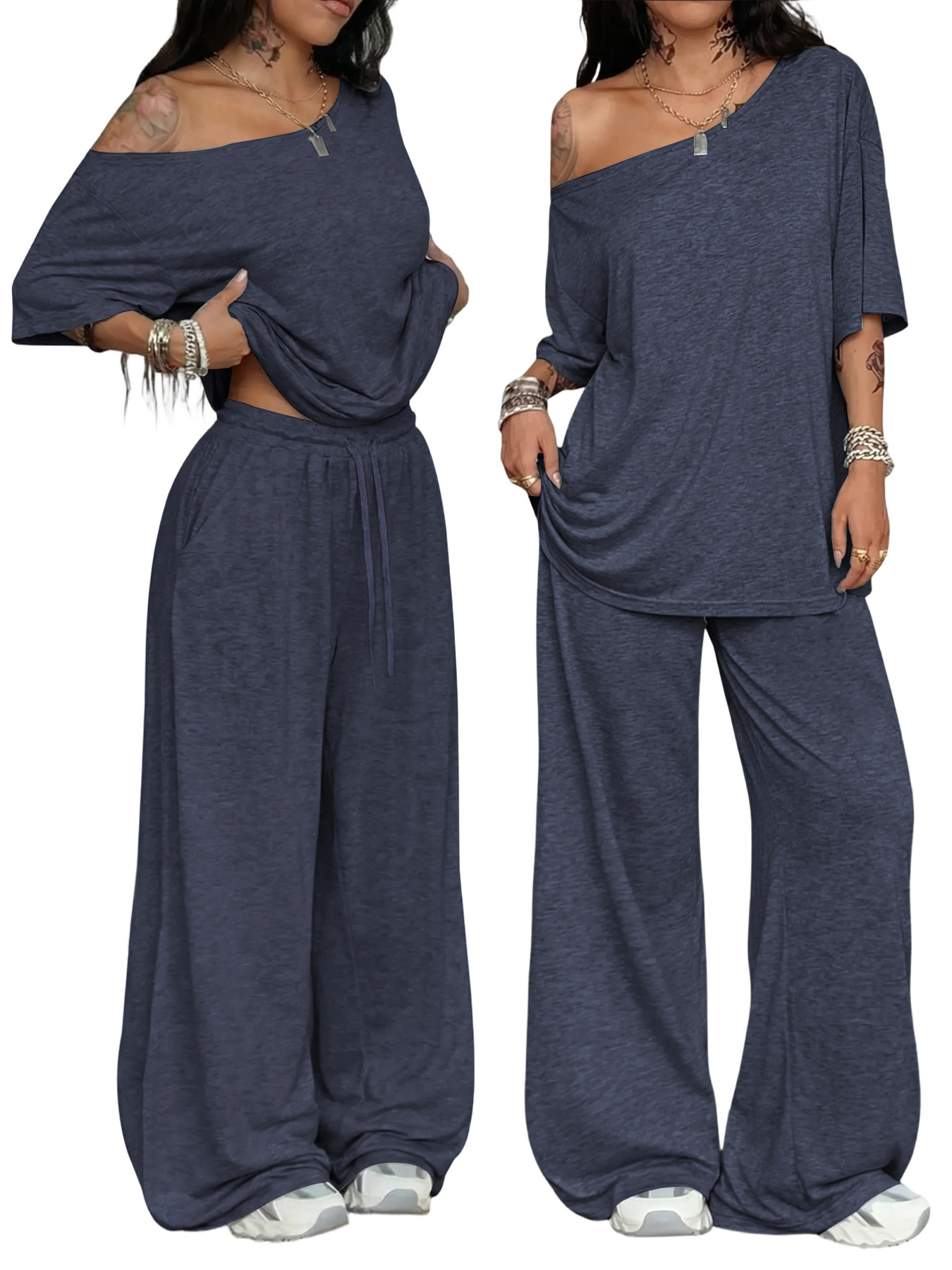 Women's Pant Sets Solid Color Casual Loose Wide Leg Two Piece Suit_voghion.com