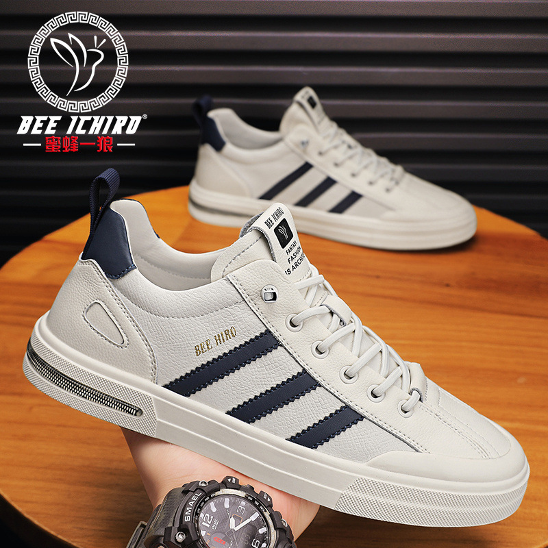 《蜜蜂一狼》品牌男鞋新款潮流休閒軟底小白鞋四季款百搭真皮板鞋