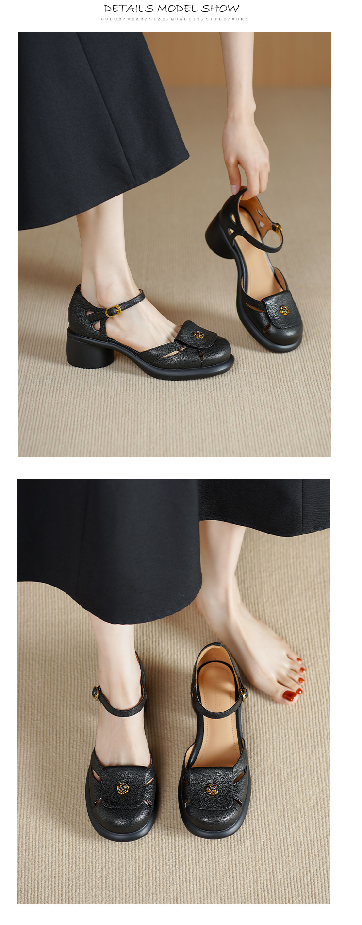 Sandal nữ đế dày 5cm gót hoa trà quai ngang khóa mũi — đen chi tiết 7