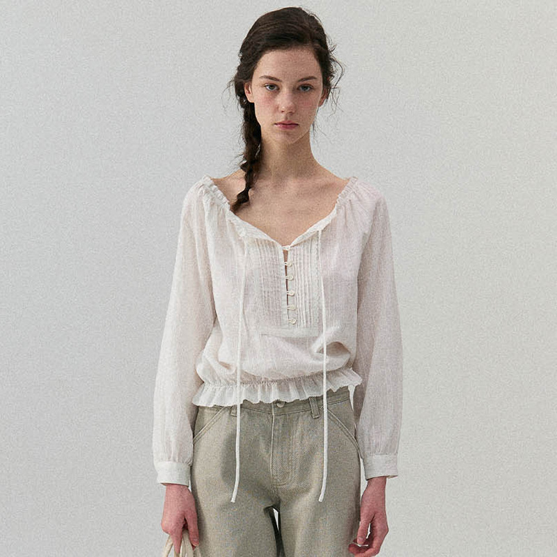 in stock thebarnnet Shirt Women's 2025 Summer New Korean Design Sense V-Neck Long Sleeve Short Shirt