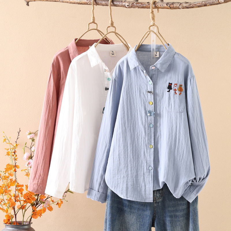 2026 Spring Collection Artistic Style Cartoon Pocket Embroidery Balloon Double Layer Gauze Women's Cardigan Long Sleeve Shirt 2026 Spring Collection Artistic Style Cartoon Pocket Embroidery Balloon Double Layer Gauze Women's Cardigan Long Sleeve Shirt