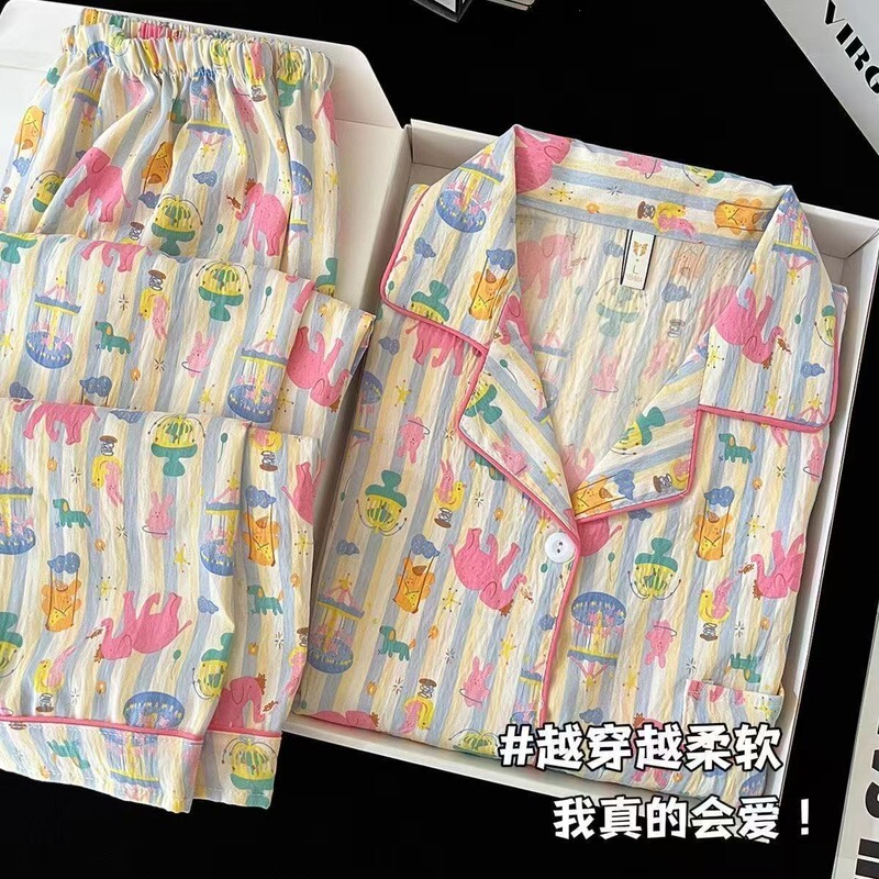 Hellokitty Cloud Cotton Pajamas for Women, Long-Sleeved and Long-Pants, Thin Style for Spring and Autumn, Sweet Cartoon Girl Home Wear