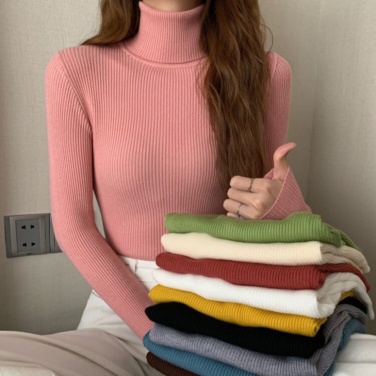 Autumn and Winter turtleneck slim-fit long-sleeved bottoming sweater sweater Women's Western style inner wear warm pile collar top wholesale