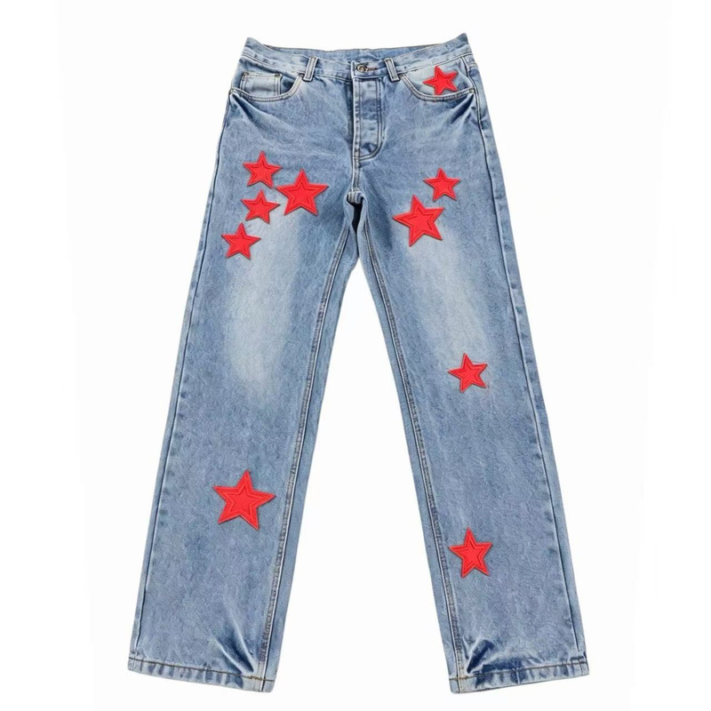 Cross-border American fashion brand CH original high-end silver-plated Chrome Hearts limited edition five-pointed star patchwork straight-leg jeans for men and women