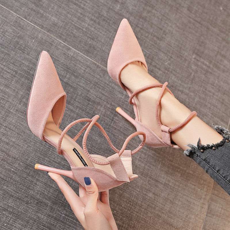 Spring and Autumn Women's Shoes New 2025 Suede Cross Strap Korean Style High Heels Stiletto Cat Heel Pointed Toe Women's Shoes Summer Shoes