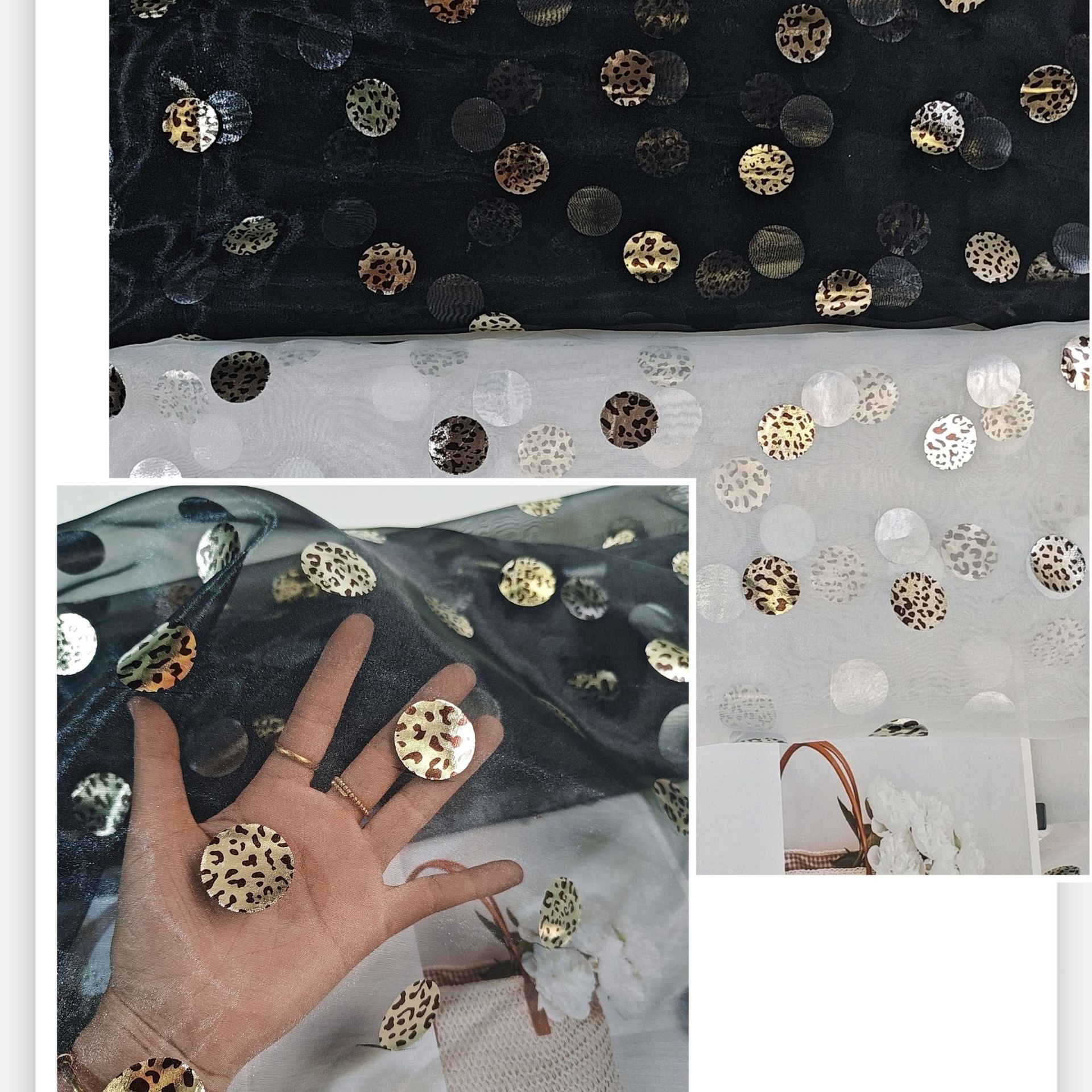 新款~涤纶无弹欧根纱2040纱3公分圆点豹点烫金 时尚款裙装等面料