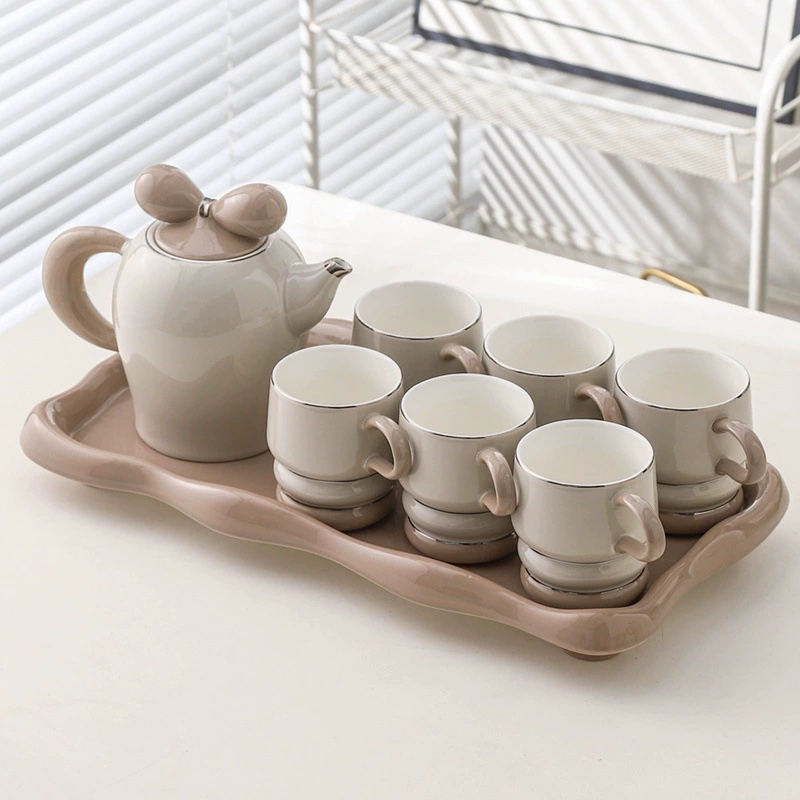 Кремовый чайный набор в стиле фэн-шуй, чайник, набор для воды, домашний керамический чайный набор для гостиной, чайный набор, высококачественный чайный набор