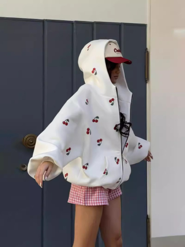 チェリープリントスウェットシャツジャケット秋の女性のヨーロッパとアメリカのストリートスタイルファッショントレンディなブランドルーズで多用途なスポーツパーカー女性用|undefined