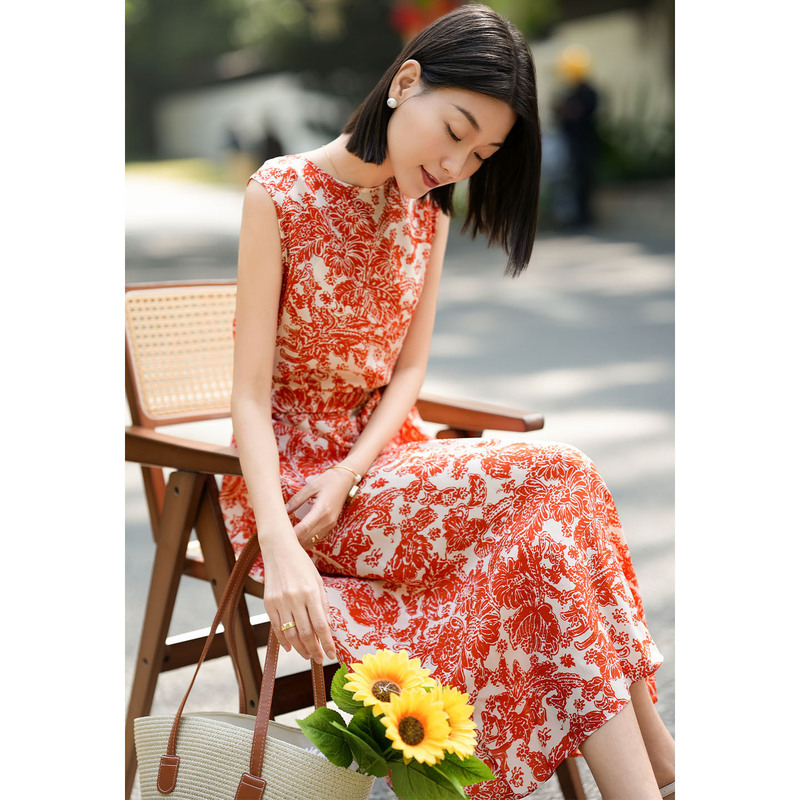 Silk Skirt Summer New Style Fashionable and Elegant European Classical Rhythm Printed Long Skirt Sleeveless Mulberry Silk Dress