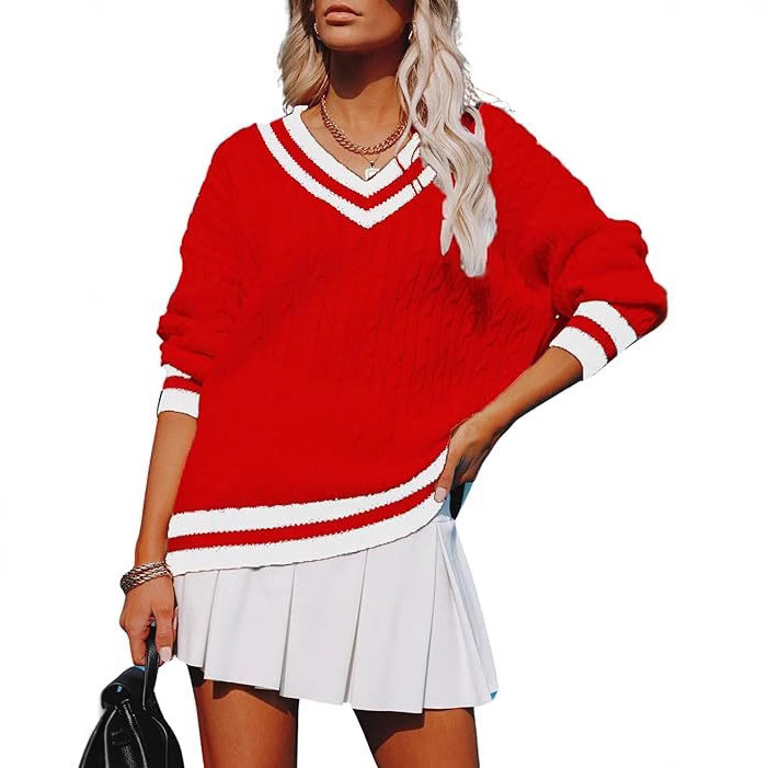 European and American Cross-Border Temu Aliexpress New Style Pullover Color-Blocked Cable Knit Sweater Women's Autumn V-Neck Loose Casual Wear