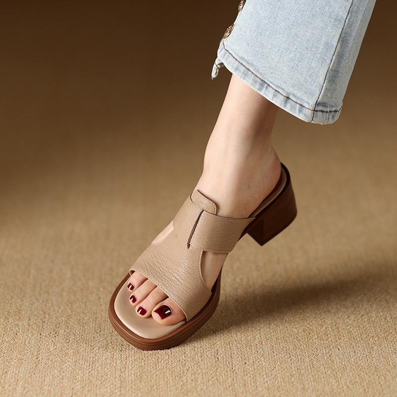 Dép sandal nữ đế dày gót vuông mũi hở 4.5 cm kiểu La Mã — đen