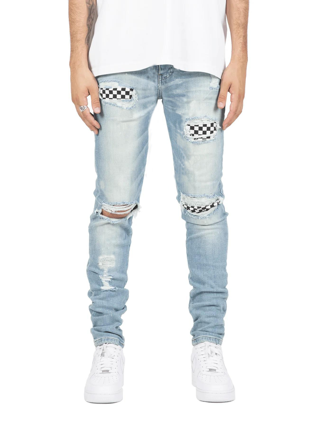 Stazione di abbigliamento maschile stile caldo pantaloni strappati con toppa e gamba piccola autunno e inverno jeans attillati e aderenti strappati da uomo_voghion.com