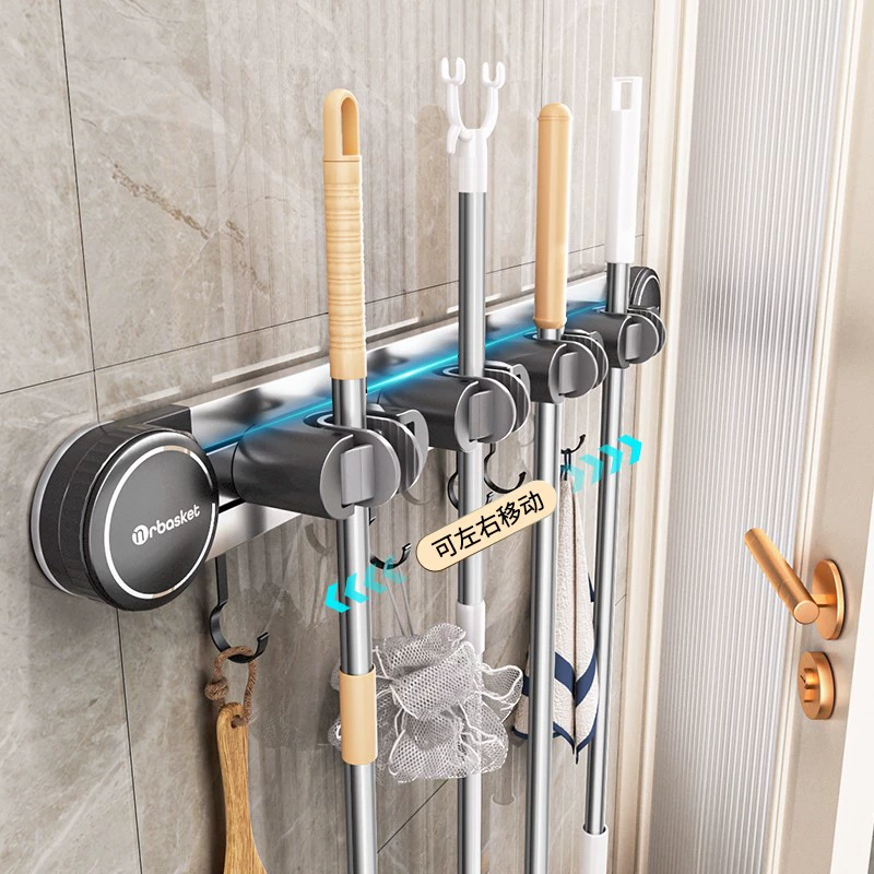 Настенный держатель для швабры с присоской, без сверления, органайзер для хранения швабры и веника.