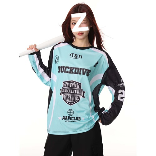 American style patchwork crew neck street print loose long sleeve T-shirt for women, mesh dance top