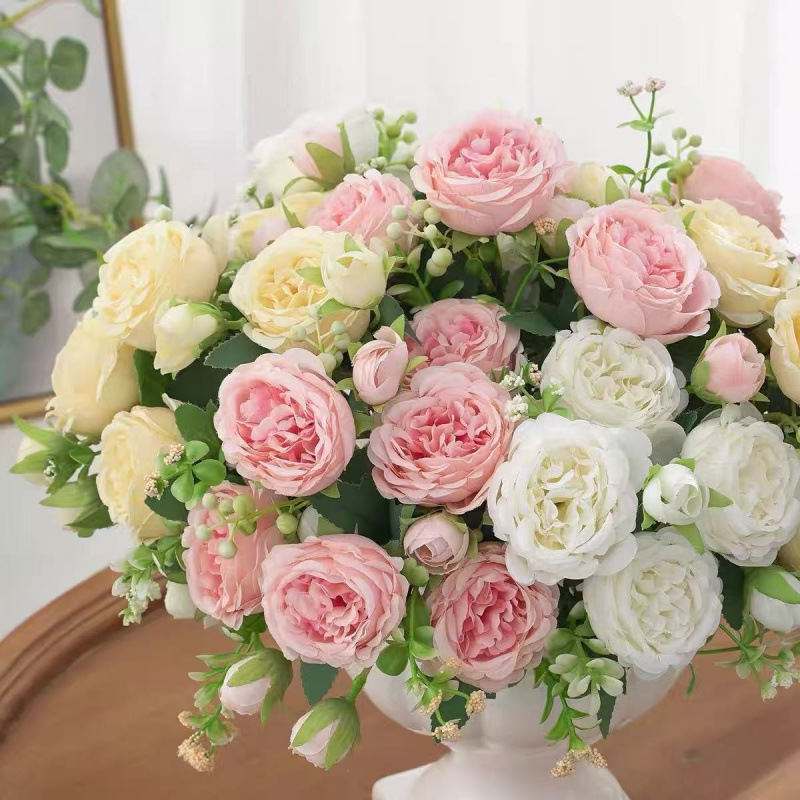 Cross-Border Flower Ornaments, Real 5-Headed Large Peonies, Persian Roses, Hand-Held Bouquets, Living Room, Home Dining Table, Multiple Artificial Flowers