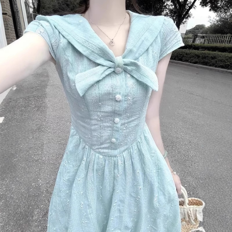 Fresh and Simple Blue Navy Collar Short Sleeve Dress for Women 2025 Summer Stunning Waist-Cinching A-Line Long Dress Gentle Style