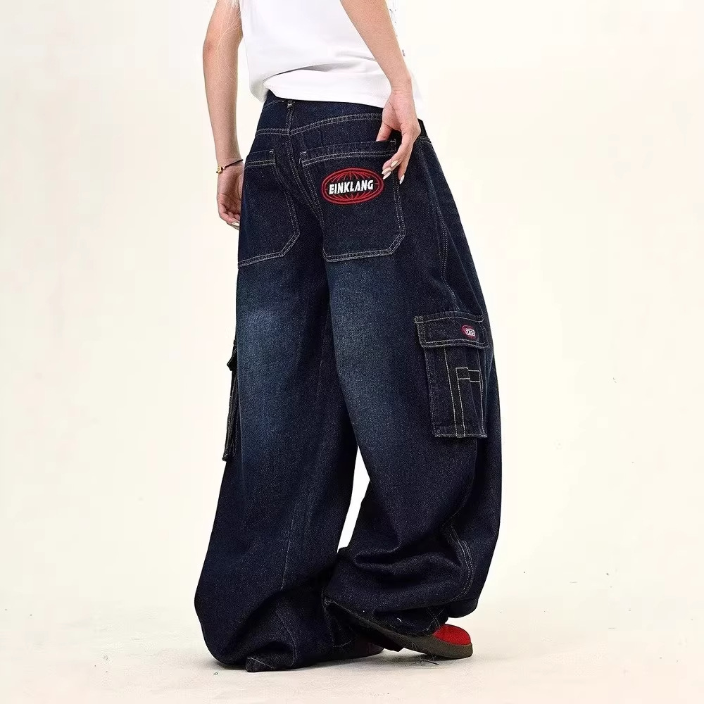 Men's Clothing Unisex Loose Fit Wide Leg Cargo Jeans Cross Border American Retro Whiskered Washed Curved Large Pockets Casual Trousers_mkmklike.com