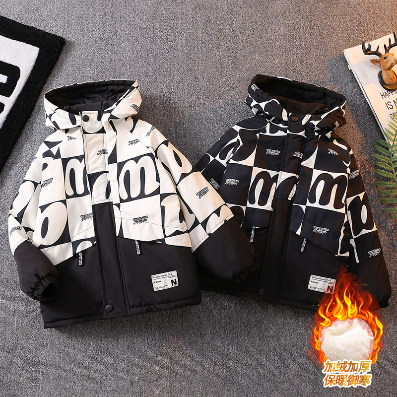 Boys' Fleece-Lined Parka Coat, Thick Cotton Jacket, 2026 Autumn and Winter New Style Cotton Clothing, Children's Hooded Top