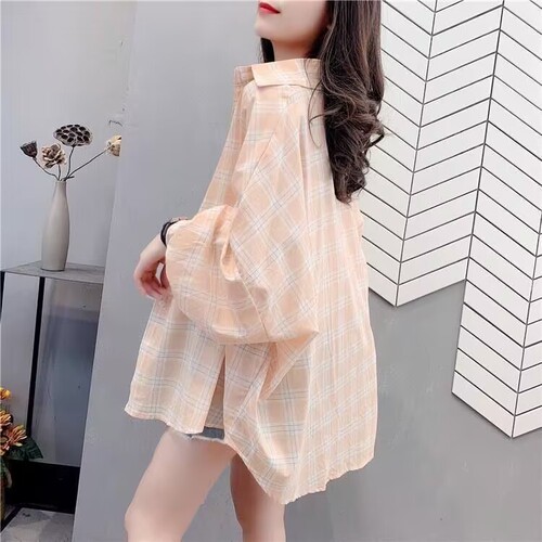 2026 summer new chiffon sunscreen plaid shirt, women's long-sleeved Korean style loose medium and long thin coat